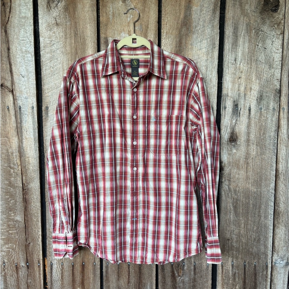 Aigle Men's Red Plaid Organic Cotton Classic Outdoor Button-Down Shirt Size‎ M